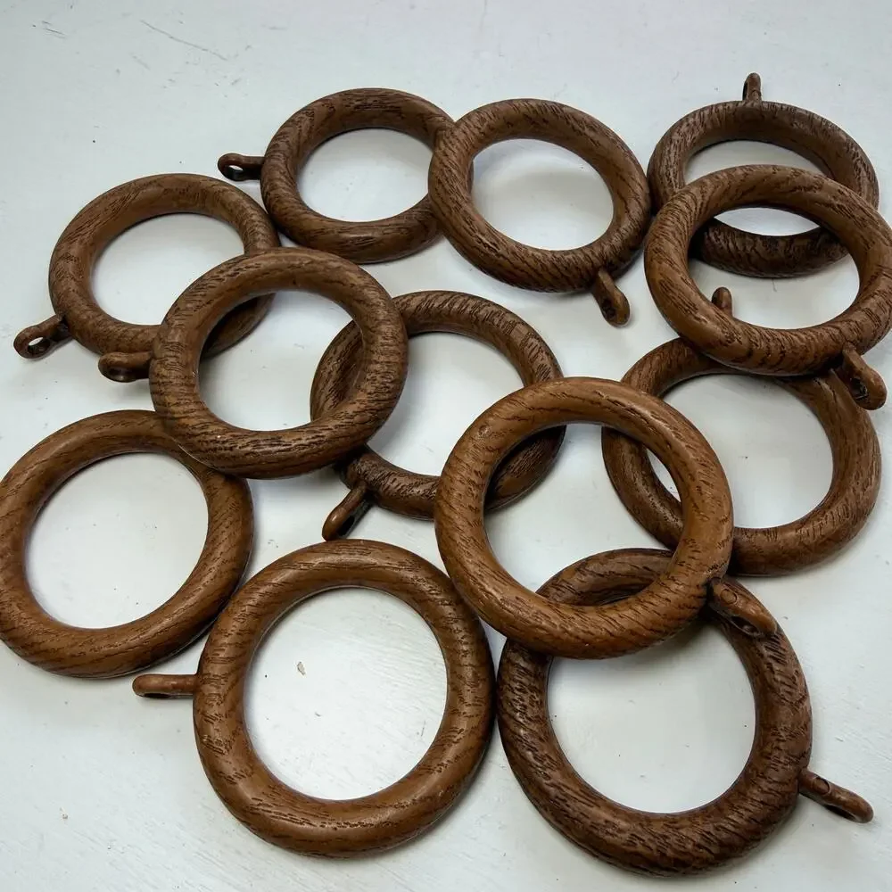 12 Vintage Faux Wood Curtain Rings Brown Resin Drapery Pole Rings with Eyelet